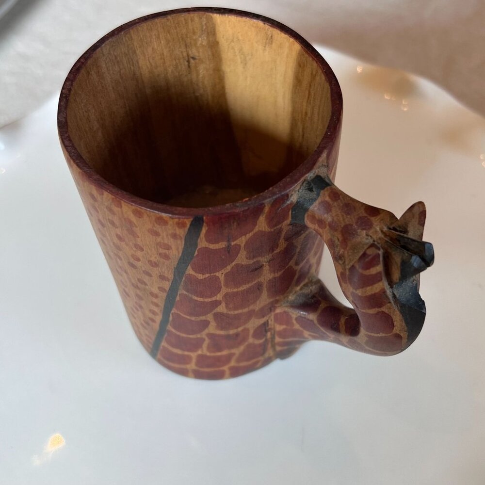 Hand-Carved Wooden Mug With Giraffe Handle & Giraffe Print Design  4.5" Tall 2.7